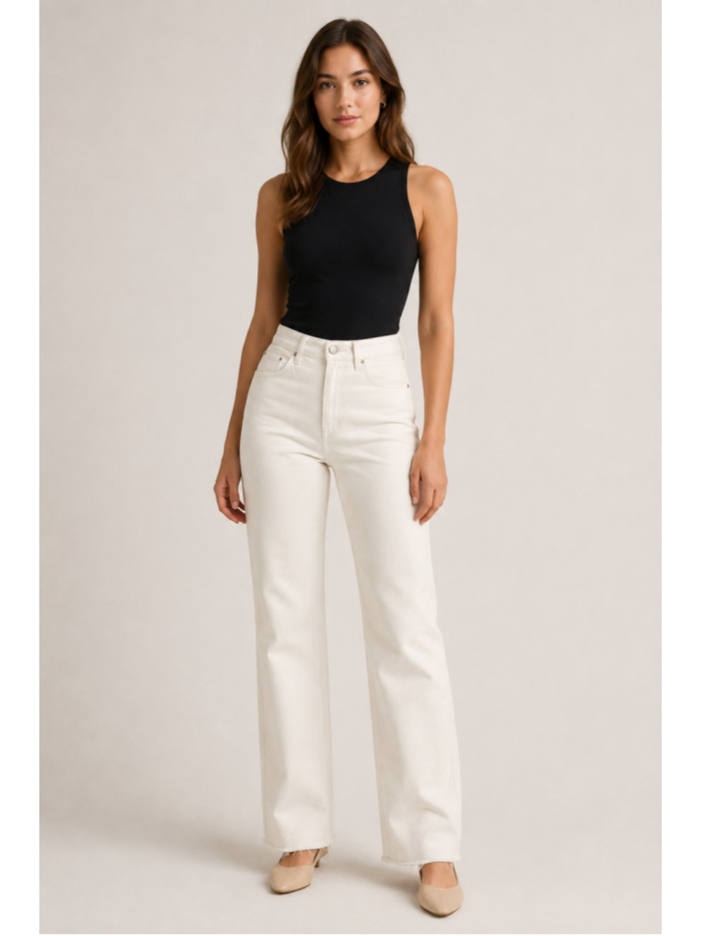 Sidefeel Women’s Cream High-Rise Wide-Leg Jeans Raw Hem